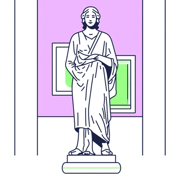 A classical marble statue stands prominently on a pedestal in a museum. The statue depicts a figure with flowing drapery, showcasing intricate folds that highlight the craftsmanship. The facial features are finely carved, displaying a serene expression and detailed hair that cascades elegantly. The light casts soft shadows across the surface of the marble, emphasizing the texture and fine details of the piece. In the background, tall museum walls frame the statue, while a faint outline of other artworks is visible on display.