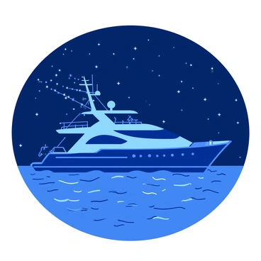 A blue yacht is illuminated with twinkling white lights along its deck and mast. The yacht is anchored calmly on the dark ocean, with gentle waves reflecting the light from the stars above. The night sky is filled with small, bright stars, creating a serene atmosphere around the yacht. The ocean appears deep and rich, contrasting with the brightness of the yacht's lights.