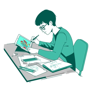 A teal student is sitting at a wooden desk, focused on creating digital art on a white tablet. The tablet is displaying a colorful illustration in progress. A variety of art supplies, including a set of colored pencils and an eraser, are scattered around the desk. The student has short hair and is wearing glasses, with a look of concentration on their face as they use a stylus to add details to the artwork. An open notebook with sketches is placed next to the tablet, adding to the creative atmosphere.
