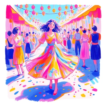 A woman is dancing joyfully at a lively festival. She is wearing a colorful dress adorned with bright patterns and floral motifs that swirl around her as she moves. Her hair is styled in loose waves, and she has a wide smile on her face. Vivid decorations and lanterns hang above her, creating a festive atmosphere. There are other festival-goers in the background, enjoying the celebration and wearing various vibrant outfits. The ground is covered in colorful confetti, adding to the cheerful scene.