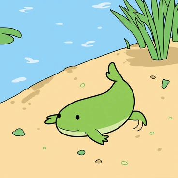 A small green tadpole with a slightly bulging body and a long tail is curiously swimming close to the surface of a sandy area near the edge of a pond. The sandy ground is dotted with tiny pebbles and patches of green algae. In the background, the water is a clear blue, reflecting hints of greenery from surrounding plants. A few delicate reeds and lily pads are visible at the water's edge. The tadpole's movement stirs up little clouds of sand as it explores its environment.