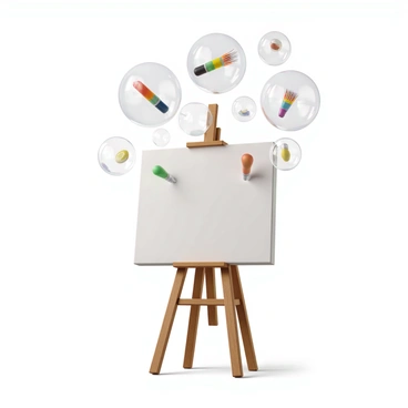Bubbles of various sizes containing art supplies are floating above an artist's canvas. Inside some of the bubbles, there are colorful paintbrushes with vibrant bristles, tubes of paint in assorted colors, and palettes filled with mixed paint. The canvas below is blank and positioned on an easel, with a wooden frame that supports it. The background features a soft gradient of colors that mimic a bright, sunny day. The bubbles reflect light, creating a sparkling effect as they gently drift in the air.