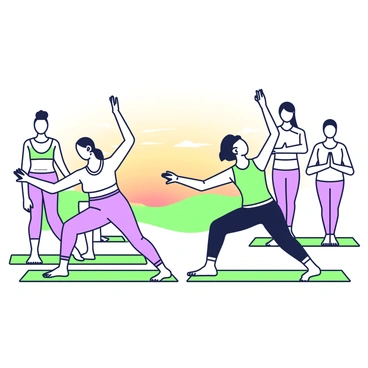 A group of individuals participating in a yoga session during sunset. They are positioned on their yoga mats, with the warm glow of the setting sun casting long shadows. In the foreground, two participants are performing arm circles as part of their warm-up, with arms extended out to the sides. The individuals are dressed in comfortable yoga attire, including fitted tops and leggings. Around them, additional participants are engaged in various warm-up stretches. The sky is filled with hues of light as the sun descends on the horizon, creating a tranquil atmosphere.