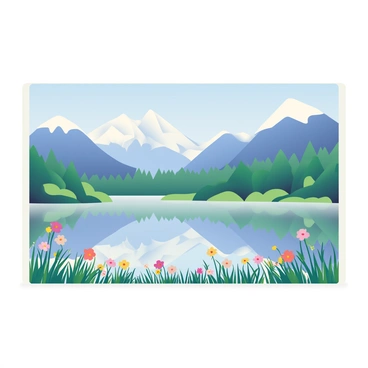 A wide view of a landscape showcases majestic mountains with snow-capped peaks in the background. A tranquil lake reflects the mountains and the clear blue sky above, surrounded by lush green trees along the shoreline. In the foreground, vibrant wildflowers in various colors bloom, adding detail to the scene. The composition is contained within a 9x12 illustration board, providing a focused frame for the natural beauty depicted.