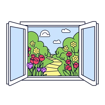 A window with a white frame is open, revealing a view of a vibrant garden. The garden is filled with an array of blossoming flowers in various colors, including red roses, yellow daffodils, and purple tulips. The flowers are surrounded by lush green leaves, creating a lively contrast. Sunlight filters gently through the foliage, casting soft shadows on the ground. In the background, a small pathway made of cobblestones winds through the garden, inviting exploration.