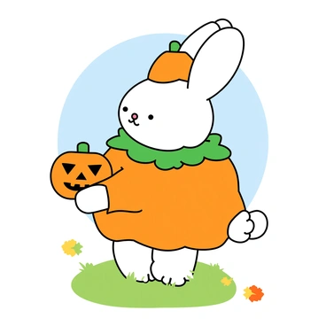 Miffy, a small white rabbit with a round face and minimal features, is dressed in a bright orange Halloween costume shaped like a pumpkin. The costume has a green leafy collar around her neck and a small pumpkin hat perched on her head. She is holding a carved jack-o'-lantern, which has a cheerful face with triangle eyes and a wide smile. Miffy stands on a patch of grass, and a few colorful autumn leaves are scattered around her feet. The sky above is a soft pastel blue, creating a cheerful atmosphere.