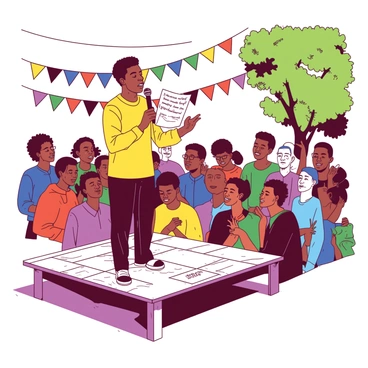 A poet stands on a small wooden stage, passionately reading their work to a captivated audience. The poet has a vibrant yellow shirt and holds a microphone in one hand. Their face expresses deep emotion, with eyes closed, as they immerse themselves in the rhythm of their words. The audience, made up of people of diverse backgrounds, listens intently, some nodding in agreement, while others smile. Colorful banners celebrating Juneteenth are draped in the background, creating a festive atmosphere. The setting is outdoors with soft sunlight filtering through trees, casting gentle shadows on the ground.