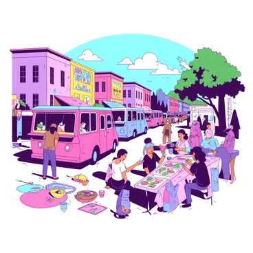 A vibrant community block party taking place on a sunny day. Colorful murals are painted on the sides of nearby buildings, showcasing a variety of artistic expressions. Several food trucks are parked along the street, their windows open, with people lining up to order different types of food. Residents of all ages are engaged in various art activities, such as painting, crafting, and drawing, with supplies scattered on tables. Some people are laughing and chatting, creating a lively atmosphere filled with joy and creativity.