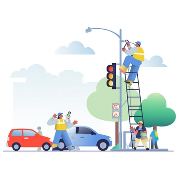 Two technicians are working on repairing a traffic light at a busy intersection. One technician, wearing a blue safety helmet and a reflective yellow vest, is holding a tool while inspecting the traffic light unit. The other technician, dressed similarly, is positioned on a ladder adjusting the light's wiring. Cars are lined up at the intersection, with red, blue, and silver vehicles visible. Pedestrians are waiting on the sidewalk, some looking up at the technicians. Nearby, there are street signs indicating directions and a large green tree on the corner. The sky above is a soft gradient from light blue to white.