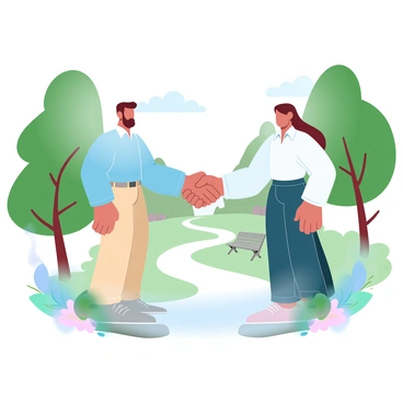 Two individuals are standing in a lush green park, surrounded by tall trees and blooming flowers. They are engaged in a handshake, with their hands clasped firmly together, indicating a mutual agreement. The person on the left is wearing a light blue shirt and beige trousers, while the person on the right is dressed in a white shirt and dark jeans. Sunlight filters through the leaves, creating a warm and inviting atmosphere. In the background, a gentle pathway winds through the park, and a few benches are scattered nearby, adding to the tranquil setting.
