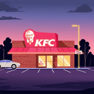 A classic KFC neon sign featuring the red and white colors prominently. The sign displays the iconic "KFC" logo with the Colonel's image beside it. The sign glows brightly against the dusky backdrop, illuminating the surrounding area with a warm light. The restaurant exterior has a brick facade, and a few scattered trees can be seen nearby, silhouetted by the evening sky. A parking lot with a few cars is visible in front of the restaurant, adding to the overall scene.