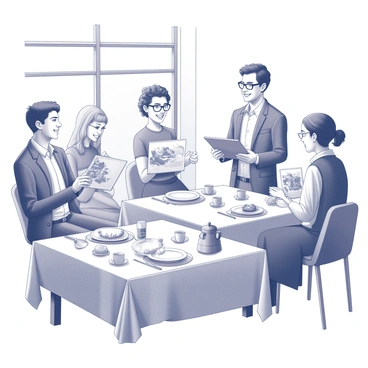 A casual brunch setting filled with various tables adorned with white tablecloths and neatly arranged plates of food. Several artists are engaged in conversation, sitting and standing around, some holding sketchbooks or tablets displaying their latest illustrations. A large window lets in natural light, illuminating the scene. One artist wears glasses and is passionately describing their work, while another is showcasing a colorful illustration to a small group of intrigued listeners. Nearby, a coffee pot and cups are set on a table, with pastries and fruits laid out for guests. The atmosphere feels lively yet relaxed, with laughter and animated discussions filling the air.