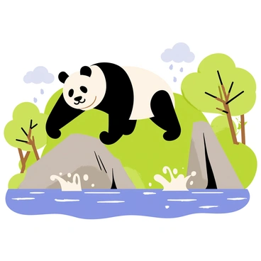 A giant panda climbing to higher ground to escape rising floodwaters in a wildlife reserve