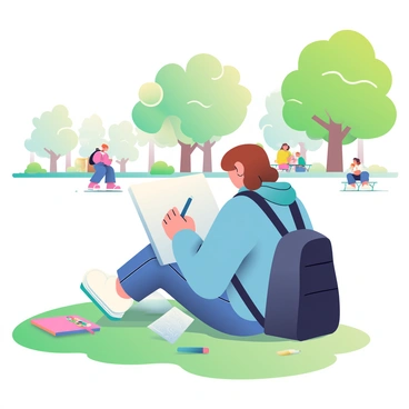 A college student with medium brown hair is sitting on a grassy patch in a campus park, deeply engrossed in drawing on a large sketchpad. The student is wearing a blue hoodie and denim jeans, with a black backpack lying beside them. A set of colored pencils is scattered around, and a few loose sketches can be seen fluttering in the gentle breeze. In the background, several trees with vibrant green leaves provide shade, and a few other students can be seen walking by or sitting on benches, enjoying the sunny day.