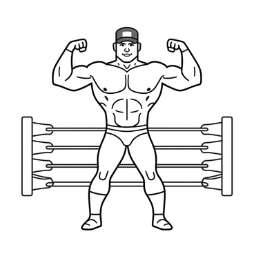 An outline drawing of "John Cena" in a wrestling pose. He is depicted in a dynamic stance, muscles defined and visible, wearing his signature wrestling attire which includes "shorts and a cap". His arms are flexed showing strength, and he has a determined expression on his face. The background has simple lines to suggest a wrestling ring, with ropes and turnbuckles. The entire image is designed with clear, bold outlines suitable for a coloring book.