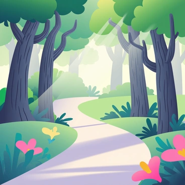 A winding forest path is bordered by tall, twisting trees with textured bark and lush green leaves. The trees arch overhead, creating a natural canopy. Along the sides of the path, there are glowing flowers in vibrant colors, casting soft light onto the ground. The flowers have delicate petals that gently sway in the breeze. Sunlight filters through the leaves, creating dappled patterns on the path. The overall atmosphere is tranquil, inviting exploration.