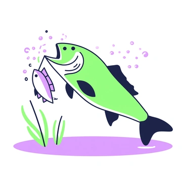 A barramundi is leaping out of the water with its mouth open, capturing a small fish mid-air. The barramundi is depicted with its sleek, elongated body and distinct fins fully extended. Water droplets are splashing around as the surface ripples from the feeding action. The small fish is clearly visible, its shape accentuated as it is being snatched away. In the background, a few aquatic plants are present, slightly swaying in the water.
