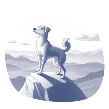 A dog proudly standing on a mountain peak, overlooking a vast landscape