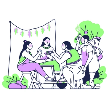 A group of Taino people is gathered in a clearing, preparing for a special occasion. They are applying intricate face paint designs to each other’s faces, using a variety of natural pigments. One individual is sitting on a small stool while another applies a spiral pattern around their eyes with a stick. Nearby, a woman is mixing colors in a small bowl made from a hollowed stone, carefully choosing hues to enhance their patterns. The atmosphere is lively, with colorful decorations hanging from nearby trees, and the participants are wearing traditional attire adorned with beads and feathers. The expressions on their faces reflect concentration and excitement as they prepare for the event.