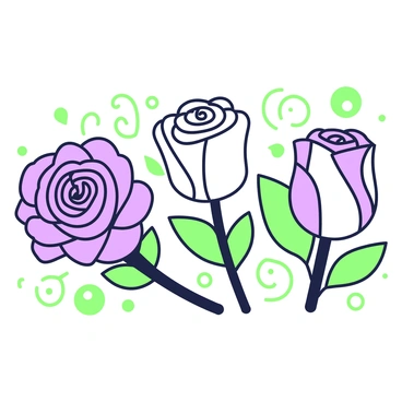 A collage featuring multiple rose illustrations, each showcasing different designs. On the left, there is a traditional rose with detailed petals and leaves, surrounded by subtle outlines. To the right, a modern interpretation of a rose showcases angular forms and bold outlines. In the center, a hybrid rose combines elements from both styles, featuring soft curves and sharp edges. Each rose is connected by delicate green swirls, creating a cohesive composition. The background includes faint green abstract shapes that enhance the overall design.