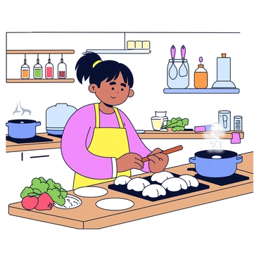 A young Chinese girl is focused on learning to cook dumplings in a cozy kitchen. She stands at a wooden kitchen table covered with a variety of ingredients including flour, fresh vegetables, and a rolling pin. The girl has black hair tied back in a ponytail and wears a colorful apron. In the background, shelves are filled with jars of spices and cooking utensils hang from the wall. A pot of boiling water is visible on the stove, creating a warm atmosphere.