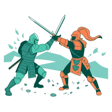 A teal warrior and an orange warrior are engaged in a fierce battle, clashing their swords in the center of the scene. The teal warrior, clad in intricate armor, has a fierce expression, muscles tensed as they strike with their sword. Opposite them, the orange warrior, also in ornate armor, is striking back with a determined look, their sword raised high. Dust and debris are flying around them, indicating the intensity of the clash. The background features a blurred landscape, suggesting a battlefield, while the warriors remain the focal point of the action.