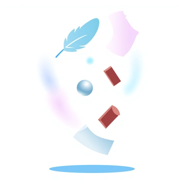 A collection of various objects is in free fall towards a solid surface. Among the falling items are a feather, a metal ball, a wooden block, and a piece of paper. Each object varies in size and texture, showcasing their distinct characteristics. The scene emphasizes the motion of the objects, capturing their descent through the air. Below them, a flat ground is visible where they are about to land. A soft gradient of pastel colors fills the background, enhancing the focus on the falling objects.