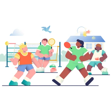 A group of children is playing badminton during recess in a schoolyard. There are three children with different hair colors: a child with blonde hair, a child with brown hair, and a child with black hair. They are wearing colorful t-shirts and shorts, with the blonde child holding a yellow badminton racket, the brown-haired child holding a green one, and the black-haired child holding a red racket. In the air, several birdies are flying around, with one birdie in mid-flight, just above the rackets. The background features a playground with swings and slides, and a school building is visible in the distance. The sky is bright and clear, adding to the lively atmosphere of recess.
