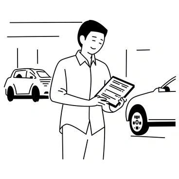 A customer is standing in a car showroom, holding a digital tablet. The customer is a middle-aged man with short hair, wearing a casual button-up shirt and jeans. He is focused on the screen of the tablet, which displays various options for configuring a car's features. In the background, there are sleek, modern cars on display, showcasing different models. The showroom has bright lighting and a minimalistic design, enhancing the contemporary atmosphere. The man is slightly leaning forward, indicating his engagement with the tablet.