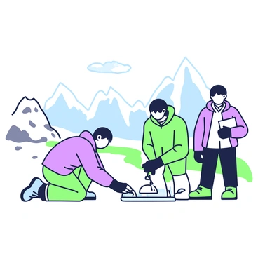 A group of researchers dressed in warm clothing is actively collecting samples on a frozen Arctic landscape. One researcher is kneeling on the snow, carefully using a tool to gather ice samples, while another stands nearby, holding a clipboard and observing the surroundings. In the background, jagged ice formations rise against a clear sky. A snow-covered hill is visible on one side, and small patches of exposed rocky ground can be seen in the distance. The researchers are focused and engaged in their work, with their breath visible in the cold air.