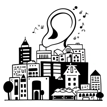 A giant ear emerging from a modern cityscape, towering over buildings and skyscrapers. The ear is intricately detailed, with visible textures and lines that convey its size and presence. Surrounding the ear, various elements of urban life can be seen, such as busy streets filled with cars, pedestrians walking on sidewalks, and trees lining the avenues. Sounds of city life are visually represented with musical notes and sound waves radiating from the ear, blending into the scene. The architecture of the buildings in the background showcases a mix of contemporary designs, with windows reflecting the surrounding environment.