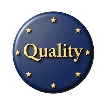 A large circular badge with a glossy surface. The word "Quality" is prominently displayed in bold, elegant lettering at the center of the badge. Surrounding the word are five small, golden stars evenly spaced around the edge of the badge. The background of the badge is a deep blue, adding contrast to the text and stars. The badge has a subtle shine, giving it a polished and professional appearance.