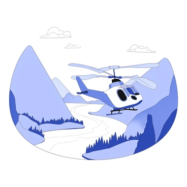 A KMAX helicopter is flying above a winding river valley. The helicopter has a distinctive twin-rotor design with a large cargo hook underneath. Below, the river meanders through the valley, with lush vegetation lining its banks. Tall mountains frame the scene in the background, their slopes dotted with trees. The sky above is clear, with a few scattered clouds. The helicopter's blades are in motion, creating an impression of speed as it navigates the landscape.