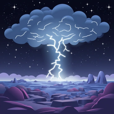 A vast cosmic scene depicts a lightning storm occurring on a distant planet. The sky is filled with dark, swirling clouds illuminated by bright, forked lightning that streaks across the atmosphere. Below the storm, the surface of the planet is rugged and rocky, with deep craters and jagged formations. In the background, countless stars are twinkling against the deep space, creating a stunning contrast with the dark clouds. The colors of the scene blend shades of purple, blue, and black, enhancing the otherworldly atmosphere.