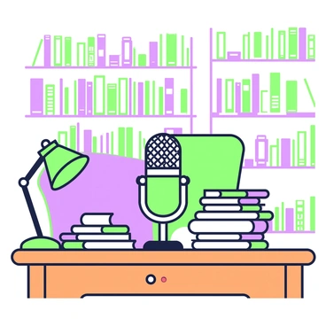 A microphone among stacks of books in a cozy library