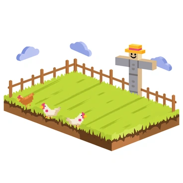 A Minecraft-style farm featuring a patch of blocky green crops arranged in neat rows. On one side of the farm stands a pixelated scarecrow made of brown and gray blocks, with a straw hat and a painted smiley face. The sky is a bright blue with fluffy white clouds, and a few pixelated chickens are scattered around the farm, pecking at the ground. A wooden fence encloses the farm, adding to the blocky aesthetic of the scene.