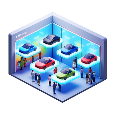 A futuristic car dealership featuring multiple electric vehicles displayed using vibrant holograms. The dealership has a sleek, modern architectural design with large glass panels and bright lighting. Holograms of various car models rotate above transparent pedestals, showcasing their features and colors. The interior is bustling with customers interacting with touchscreen displays. Colorful holographic advertisements hover in the air, promoting the latest car technologies. The atmosphere is lively, with a focus on innovation and cutting-edge design.