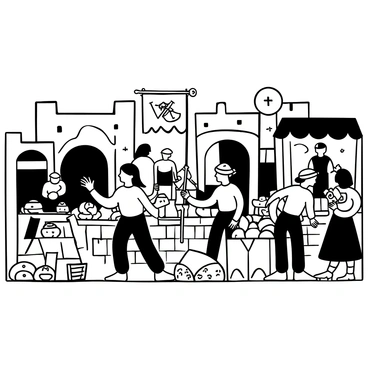 "Jeanne d'Arc" depicted in armor, holding a banner with a symbol. She is walking through a lively medieval marketplace filled with various stalls. Merchants are displaying goods like fruits, fabrics, and pottery. Customers are interacting with the merchants, some are bartering. In the background, there are stone buildings and a few trees. The ground is cobbled, creating a rustic ambiance.