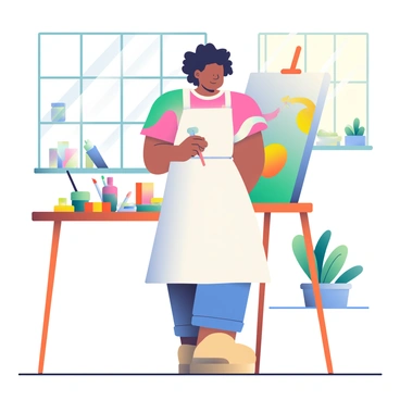 An artist with light brown skin and curly black hair is standing in a bright, sunlit studio. They are wearing a white apron over a colorful t-shirt. The artist is using a brush to apply vibrant paint onto a large canvas that is propped up on an easel. Various tubes of paint in bright colors are scattered across a wooden table beside them, along with brushes of different sizes and a palette. Sunlight streams through large windows, illuminating the space and casting soft shadows on the floor. In the background, there are shelves filled with art supplies and a few potted plants adding greenery to the scene.