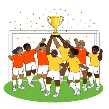 A group of enthusiastic football players, each wearing bright colorful jerseys and matching shorts, are gathered on a grassy football field. They are jumping and cheering, displaying wide smiles filled with excitement. In the center, one player holds a shiny golden trophy high above their head, reflecting the sunlight. The players have varied skin tones and hairstyles, showcasing diversity. Around them, vibrant confetti in multiple colors is raining down from the sky, creating a festive atmosphere. The goalposts are visible in the background, adding to the scene of victory. Some players are giving high-fives, while others are embracing in celebration.