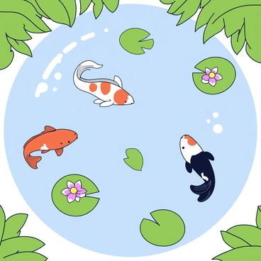 A group of koi fish with orange, white, and black markings swimming gracefully in a clear pond. The surface of the water reflects the sunlight, creating shimmering patterns. Large, green lily pads float on the water's surface, some with delicate pink and white blooms. The scene is framed by lush green vegetation along the edges of the pond.