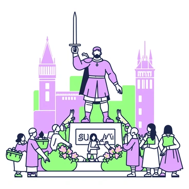 A grand statue of "Boromir" stands prominently in a city square. The statue depicts him in a heroic pose, holding a sword upright in his right hand. Surrounding the statue, a diverse group of townsfolk is gathered, looking up in admiration. Some townsfolk are wearing traditional clothing, while others carry baskets. In the background, there are tall buildings with intricate designs, framing the square. A few birds are perched on the edges of the statue, adding life to the scene. Flowerbeds with colorful blooms line the pathways leading to the statue. The overall atmosphere is lively, reflecting the community's appreciation for the statue.