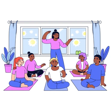 A yoga studio owner is standing at the front of a bright, airy room with large windows allowing natural sunlight to pour in. The owner has long hair tied back in a neat bun and is wearing comfortable, fitted yoga attire. The studio is decorated with potted plants and peaceful artwork on the walls. In front of the owner, a group of diverse individuals is seated on yoga mats, engaged in a variety of poses. The atmosphere is calm, and soft, flowing curtains sway gently in the breeze. The owner is demonstrating a pose while encouraging the participants with a warm smile, creating an inviting and peaceful environment.