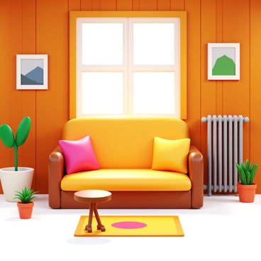 A cozy living room with warm wood paneling and soft lighting. "A traditional radiator heat exchanger" is positioned beneath a large window, letting soft natural light illuminate the room. There is a comfortable couch adorned with plush cushions, and a small round coffee table in front of it. "A patterned area rug" lies on the floor, adding warmth to the space. "A few potted plants" are placed near the window, bringing a touch of nature indoors. On the walls, there are "framed photographs" and "artwork" that contribute to a welcoming atmosphere.