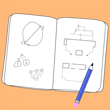 An open sketchbook with white pages displaying various diagrams and sketches. It features a few neatly drawn graphs with labeled axes, along with simple illustrations representing quiz questions. One page shows a flowchart outlining a quiz structure, while another page has hand-drawn boxes for answer choices. A pencil lies next to the sketchbook, partially visible, as if just used. The scene is arranged on a wooden table, providing a clear view of the contents.