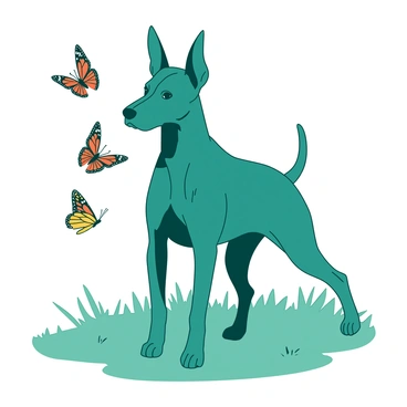 A teal doberman is standing in a grassy field, its ears perked up in curiosity. The dog has a focused expression as it watches several colorful butterflies flutter around its nose. The butterflies are vivid, showcasing a variety of patterns in contrasting hues, including bright orange and vibrant yellow. The doberman's shiny coat glistens in the sunlight, accentuating its strong physique. Each butterfly approaches playfully, adding a lively atmosphere to the scene.