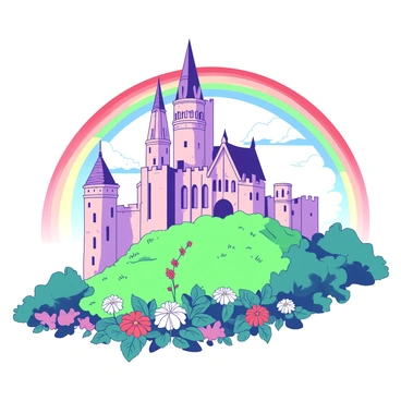 A duotone castle with tall spires and intricate turrets is perched atop a grassy hill. The castle features large, ornate windows that reflect light. In the foreground, vibrant flowers add color to the lush landscape surrounding the hill. Above the castle, a duotone rainbow arches gracefully across the sky, spanning its full width. The scene is brightened by the sunshine illuminating the castle's stone walls.