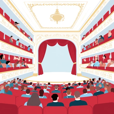 The interior of a classic opera house features ornate chandeliers hanging from a beautifully decorated ceiling. Plush red velvet seats fill the rows, with an audience dressed in formal attire. The audience members are seated and looking towards the stage, creating a sense of anticipation. Gold leaf detailing adorns the balconies and walls, amplifying the elegance of the setting. A large curtain, rich in texture and color, hangs in front of the stage, ready to rise.