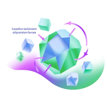 A detailed illustration of a "crystalline solid structure" formed by various geometric shapes such as cubes, octahedrons, and tetrahedrons. Each shape should be represented in different shades of blue and green, showing the clarity and reflective properties of crystals. Surrounding the structure, there are arrows symbolizing "London dispersion forces" connecting the shapes, visually indicating the interactions between them. The background features subtle gradients to enhance the focus on the crystalline structure.