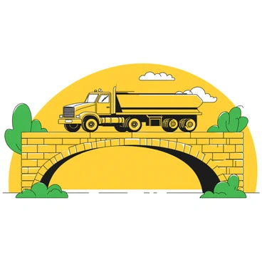 A large truck with a sturdy build driving across a bridge made entirely of bricks. The bridge has a coarse, textured surface, with individual brick patterns visible. The truck is shown in motion, its wheels slightly elevated from the bridge. The background features a clear sky. The bridge extends into the distance, leading to a green landscape on either side.